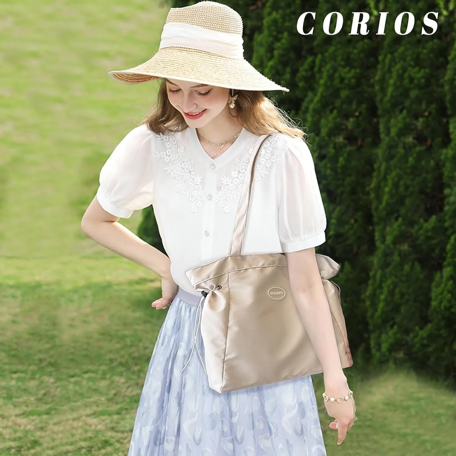 Oxford Tote Bag for Women Side-Cinch Shoulder Bag Casual Multi Pockets Handbag Waterproof Large Top Handle Bag