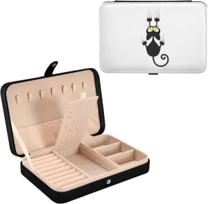Oyihfvs Black Cartoon Cat Scratching the Wall on White Leather Jewelry Bag, Jewelry Storage, Portable Jewelry Organizer Boxes for Women Lady Necklace, Earrings, Rings, Bracelet