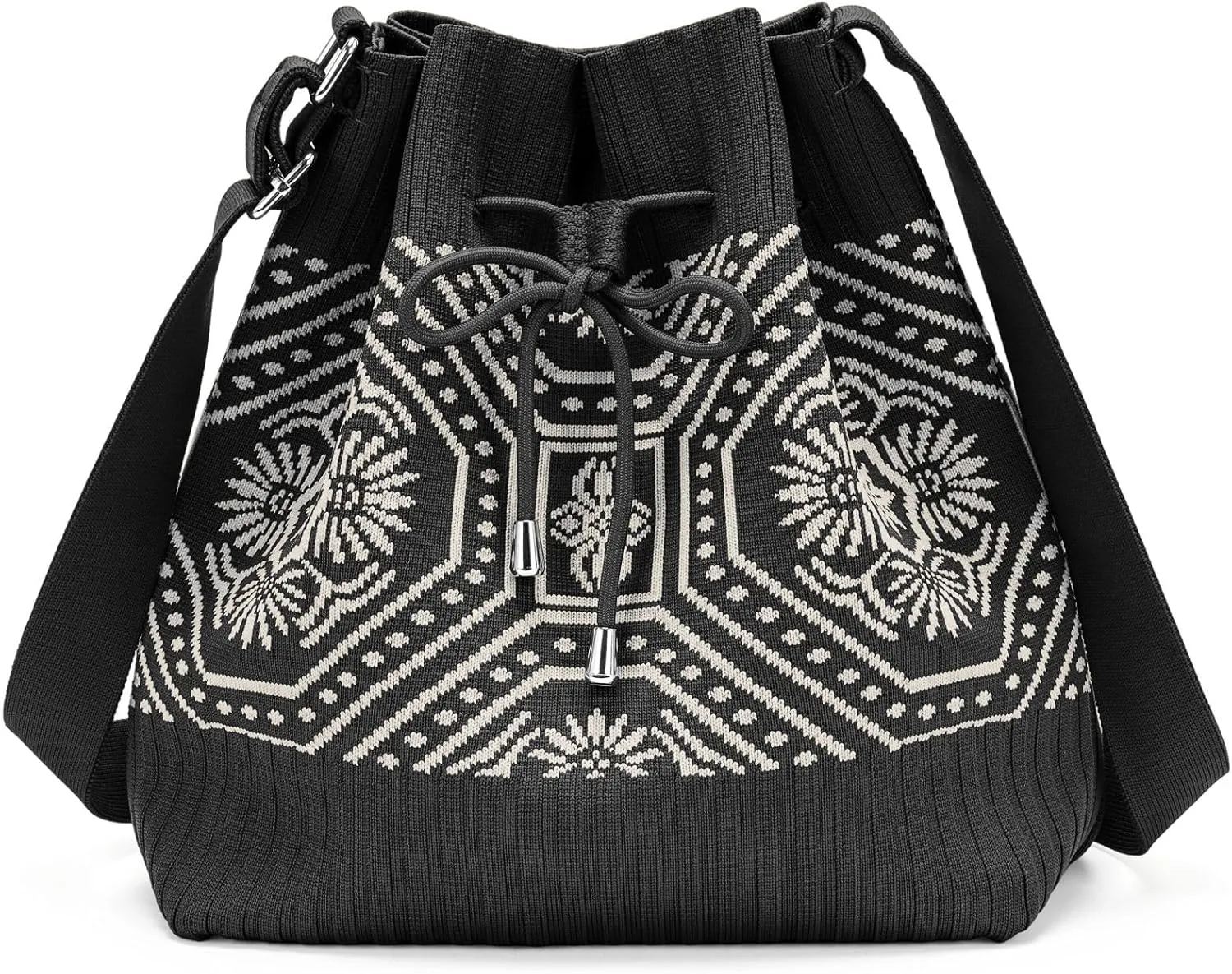 PACKISM Knit Bucket Bag for Women - Flyknit Fabric Crossbody Bag Geometric Pattern Knitted Drawstring Bucket Fit Gift