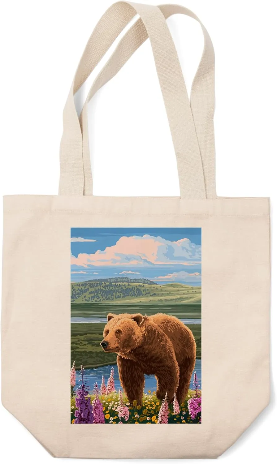 Painterly, Grizzly Bear in Meadow, (100% Cotton Canvas Reusable Tote Bag)