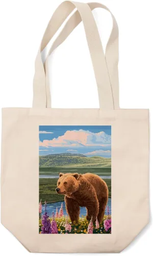 Painterly, Grizzly Bear in Meadow, (100% Cotton Canvas Reusable Tote Bag)