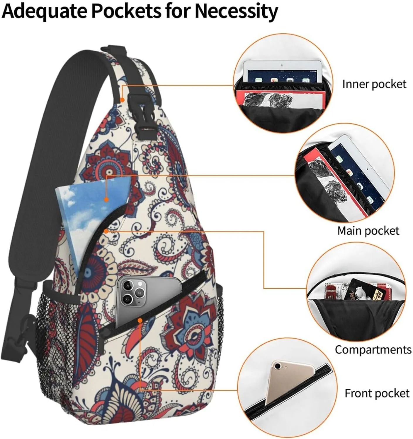 Paisley Crossbody Sling Backpack Sling Bag Adjustable Chest Shoulder Daypack For Women Men