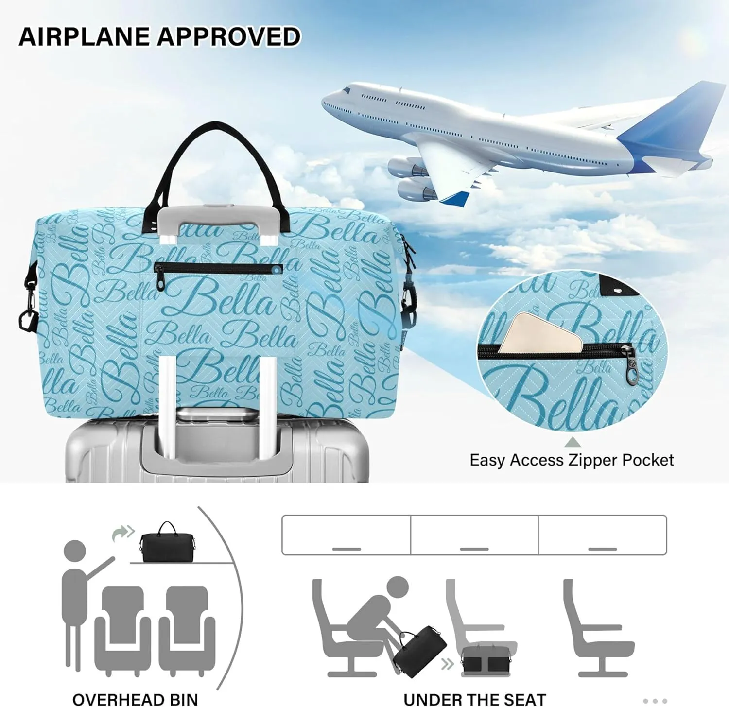 Pale Blue Custom Name Travel Duffel Bag with Toiletry Bag Personalized Weekender Bag for Trips Sports Business Large Gym Duffel Bag Overnight Bag for Women & Men