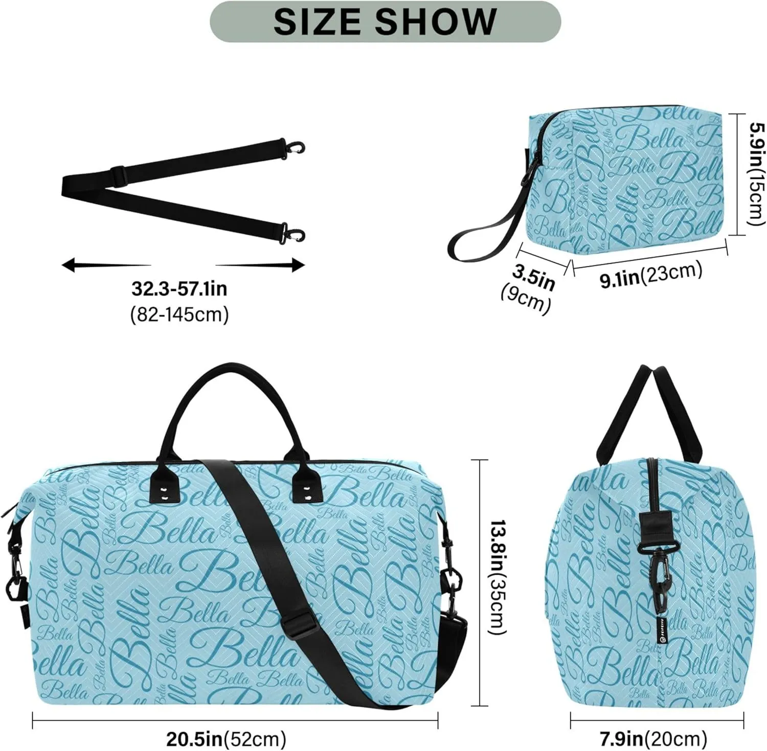 Pale Blue Custom Name Travel Duffel Bag with Toiletry Bag Personalized Weekender Bag for Trips Sports Business Large Gym Duffel Bag Overnight Bag for Women & Men