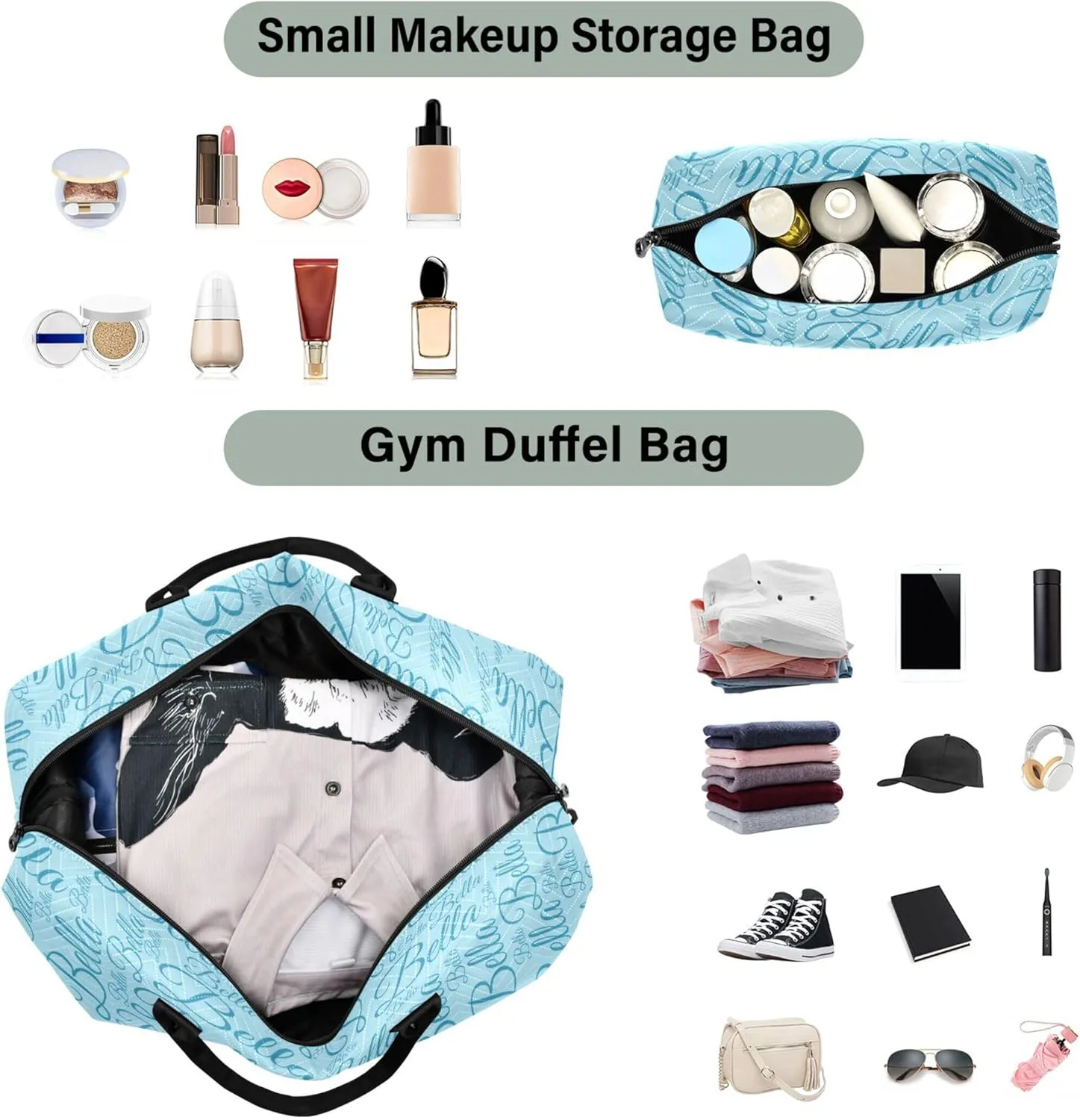 Pale Blue Custom Name Travel Duffel Bag with Toiletry Bag Personalized Weekender Bag for Trips Sports Business Large Gym Duffel Bag Overnight Bag for Women & Men