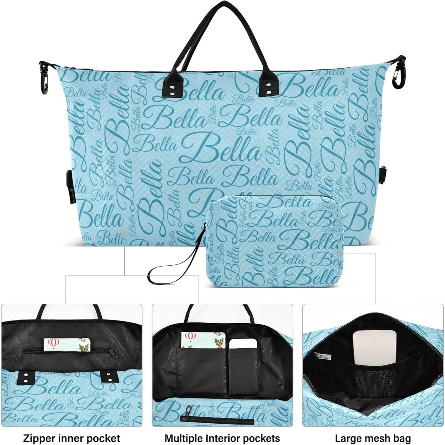Pale Blue Custom Name Travel Duffel Bag with Toiletry Bag Personalized Weekender Bag for Trips Sports Business Large Gym Duffel Bag Overnight Bag for Women & Men