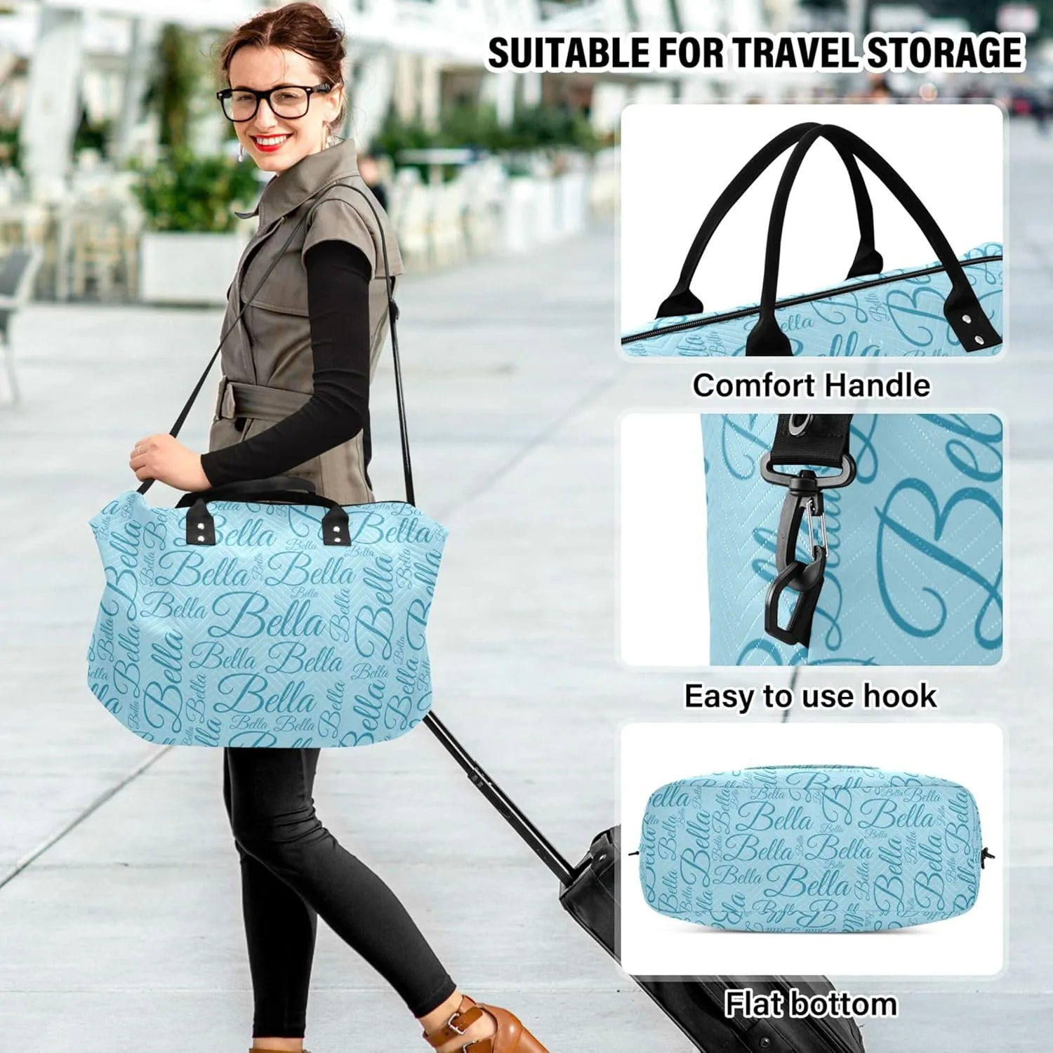 Pale Blue Custom Name Travel Duffel Bag with Toiletry Bag Personalized Weekender Bag for Trips Sports Business Large Gym Duffel Bag Overnight Bag for Women & Men