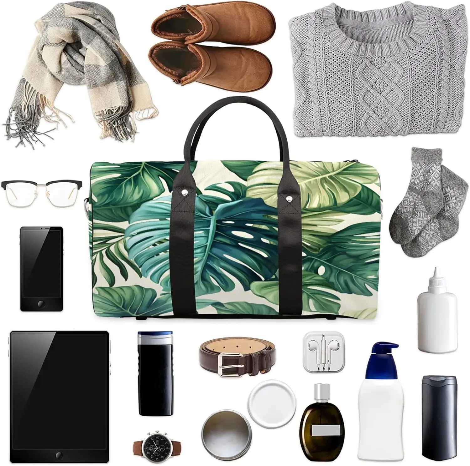 Palm Leaves Duffle Bag for Travel, Overnight Weekend Gym Carry On Luggage Bag, Tropical Travel Duffel Bag for Men Women