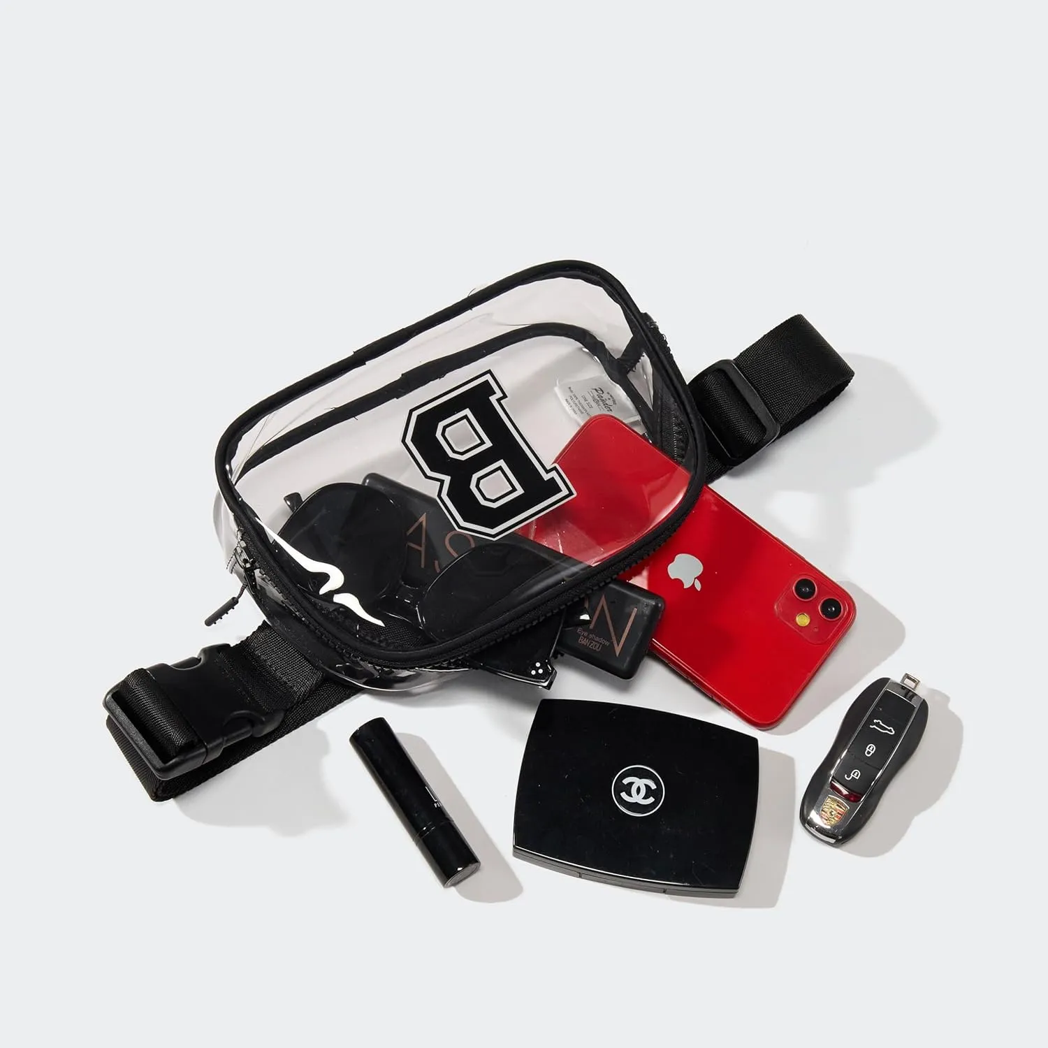 Pander Clear Small Belt Bag with Nylon Fabric Trim - Perfect for Game Day, Ballgame, Stadium Events Essentials - Black/B