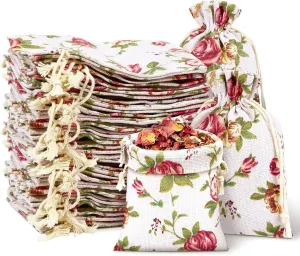 Pangda 100 Pieces Small Size Rose Drawstring Bags 3.9 x 5.3 Inches Burlap Flower Pouch Linen Gift Bags Jewelry Pouches for Wedding DIY Craft Party