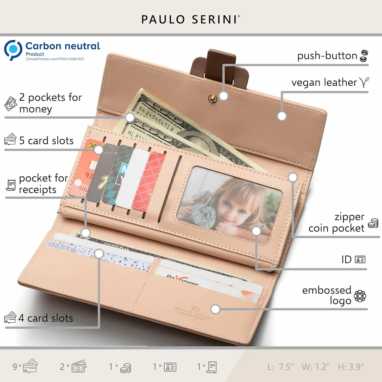 PAULO SERINI® Wallet Women - Womens Wallet with Coin Purse - Card Holder 9 Cards - Wristlet - Vegan Wallets for Women - Birthday Gifts for Women - Billeteras de Mujer - 9 colors