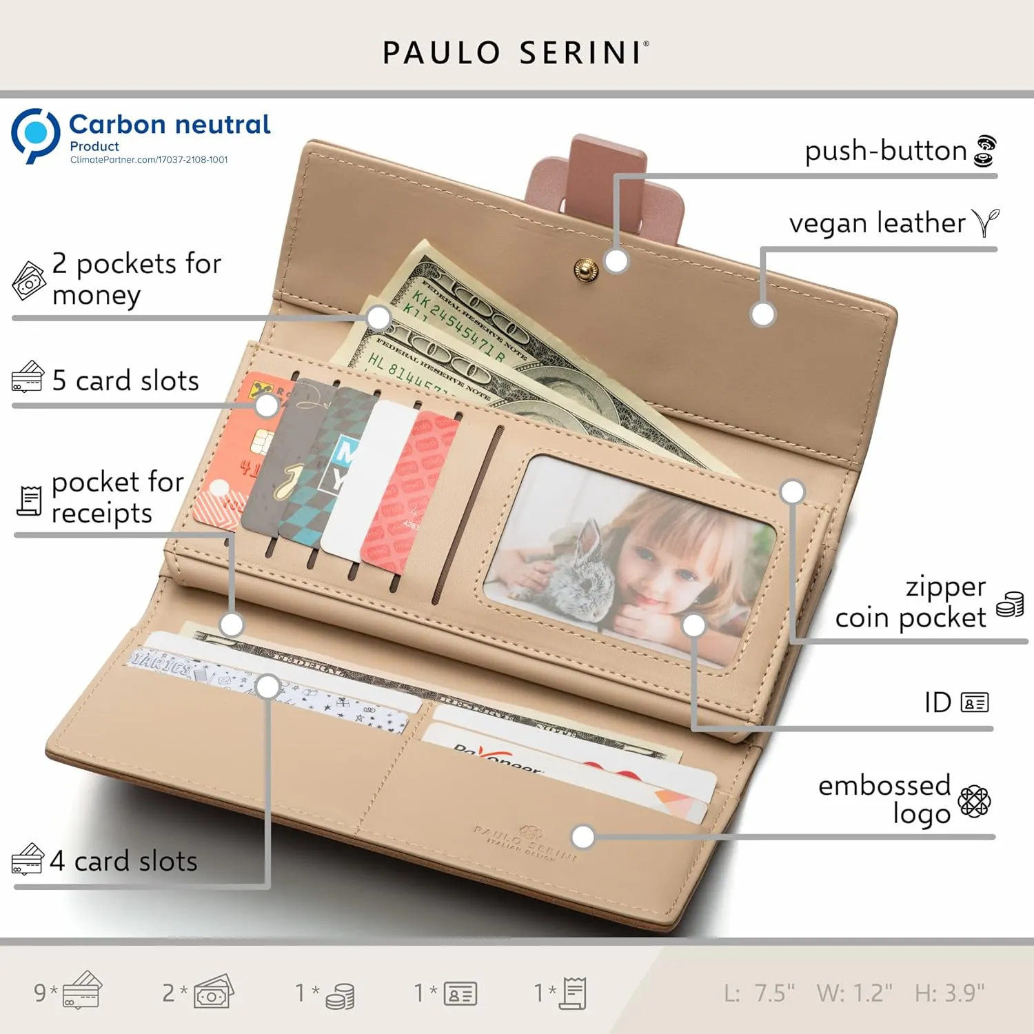 PAULO SERINI® Wallet Women - Womens Wallet with Coin Purse - Card Holder 9 Cards - Wristlet - Vegan Wallets for Women - Birthday Gifts for Women - Billeteras de Mujer - 9 colors