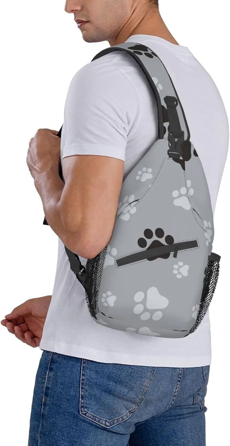 Paw Print Sling Bag Crossbody Backpack,Animal Dog Paw Prints Black And Grey Claws Seamless Pattern Chest Bag Adjustable Casual Shoulder Backpack Animal Footprints Travel Hiking Daypack