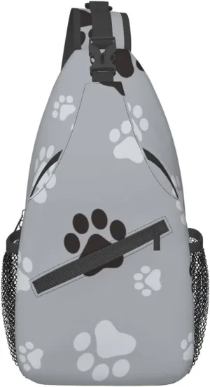 Paw Print Sling Bag Crossbody Backpack,Animal Dog Paw Prints Black And Grey Claws Seamless Pattern Chest Bag Adjustable Casual Shoulder Backpack Animal Footprints Travel Hiking Daypack