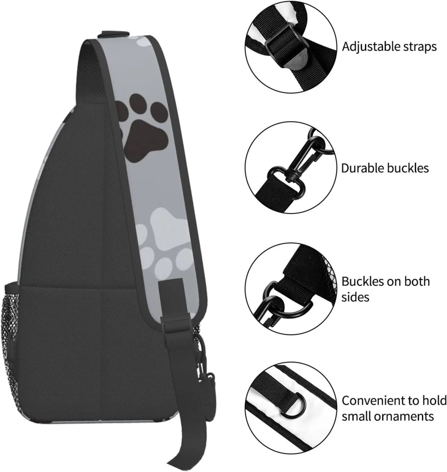 Paw Print Sling Bag Crossbody Backpack,Animal Dog Paw Prints Black And Grey Claws Seamless Pattern Chest Bag Adjustable Casual Shoulder Backpack Animal Footprints Travel Hiking Daypack