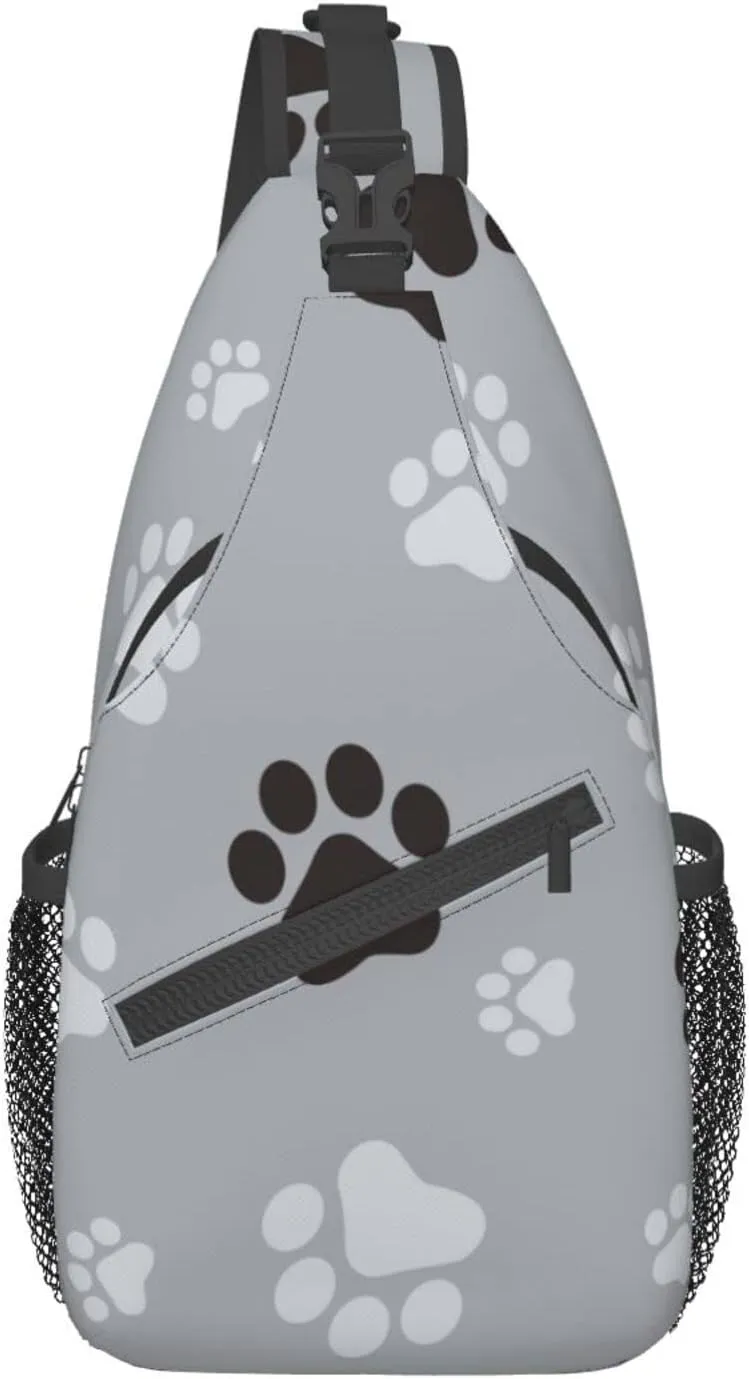 Paw Print Sling Bag Crossbody Backpack,Animal Dog Paw Prints Black And Grey Claws Seamless Pattern Chest Bag Adjustable Casual Shoulder Backpack Animal Footprints Travel Hiking Daypack