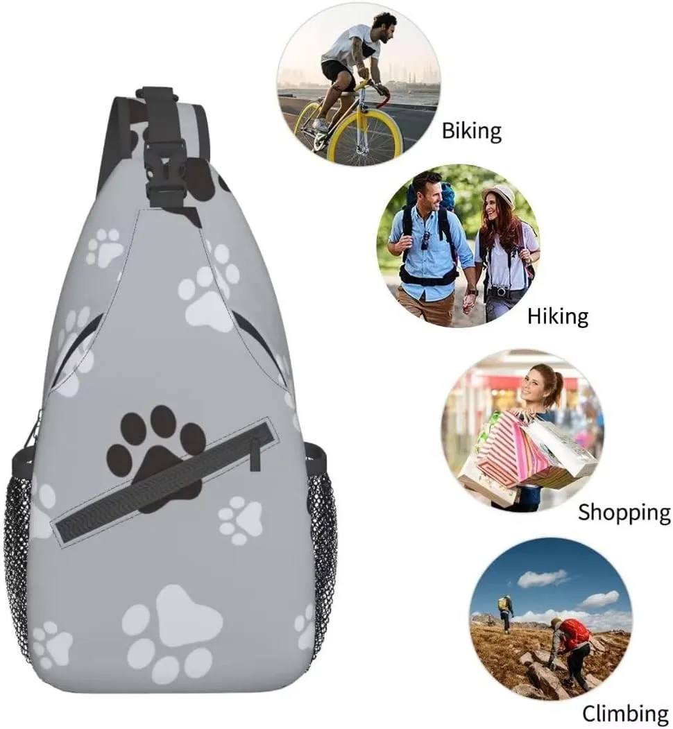 Paw Print Sling Bag Crossbody Backpack,Animal Dog Paw Prints Black And Grey Claws Seamless Pattern Chest Bag Adjustable Casual Shoulder Backpack Animal Footprints Travel Hiking Daypack
