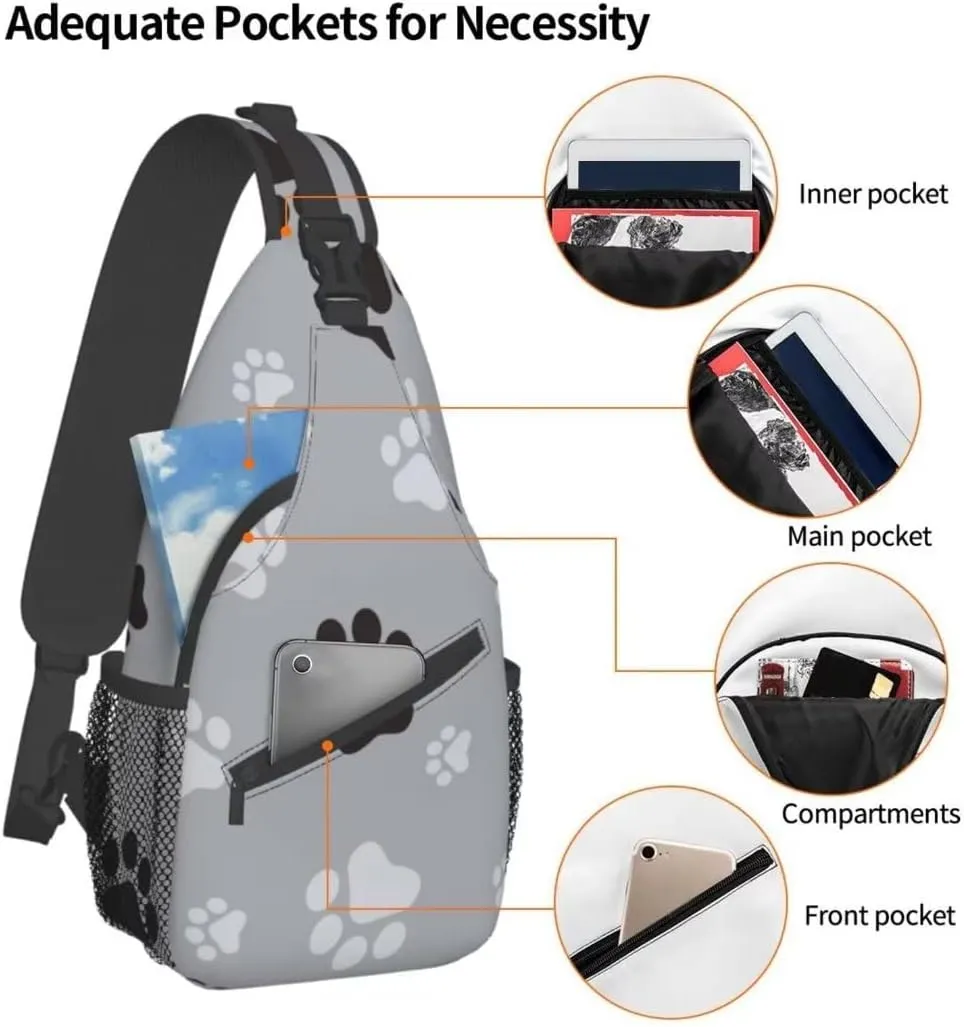 Paw Print Sling Bag Crossbody Backpack,Animal Dog Paw Prints Black And Grey Claws Seamless Pattern Chest Bag Adjustable Casual Shoulder Backpack Animal Footprints Travel Hiking Daypack