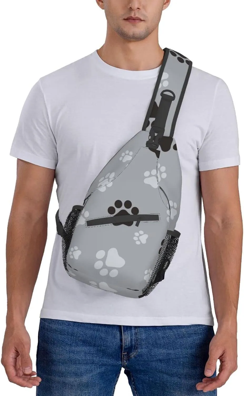 Paw Print Sling Bag Crossbody Backpack,Animal Dog Paw Prints Black And Grey Claws Seamless Pattern Chest Bag Adjustable Casual Shoulder Backpack Animal Footprints Travel Hiking Daypack