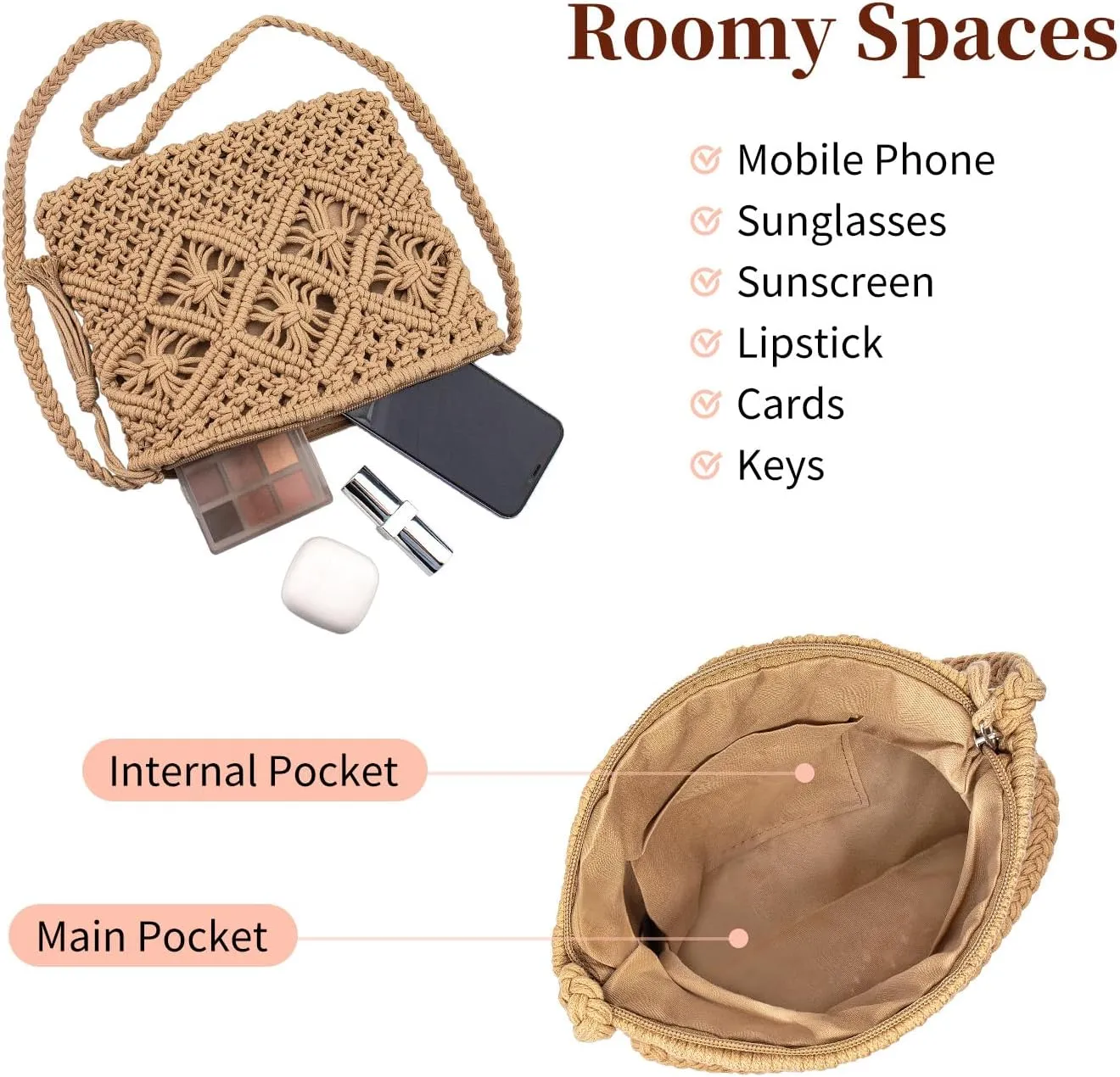 Peicees Crossbody Bag Purse For Women Bohemian Shoulder Bag Woven Crochet Purse For Summer Beach Travel Clutch Handbag