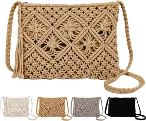 Peicees Crossbody Bag Purse For Women Bohemian Shoulder Bag Woven Crochet Purse For Summer Beach Travel Clutch Handbag