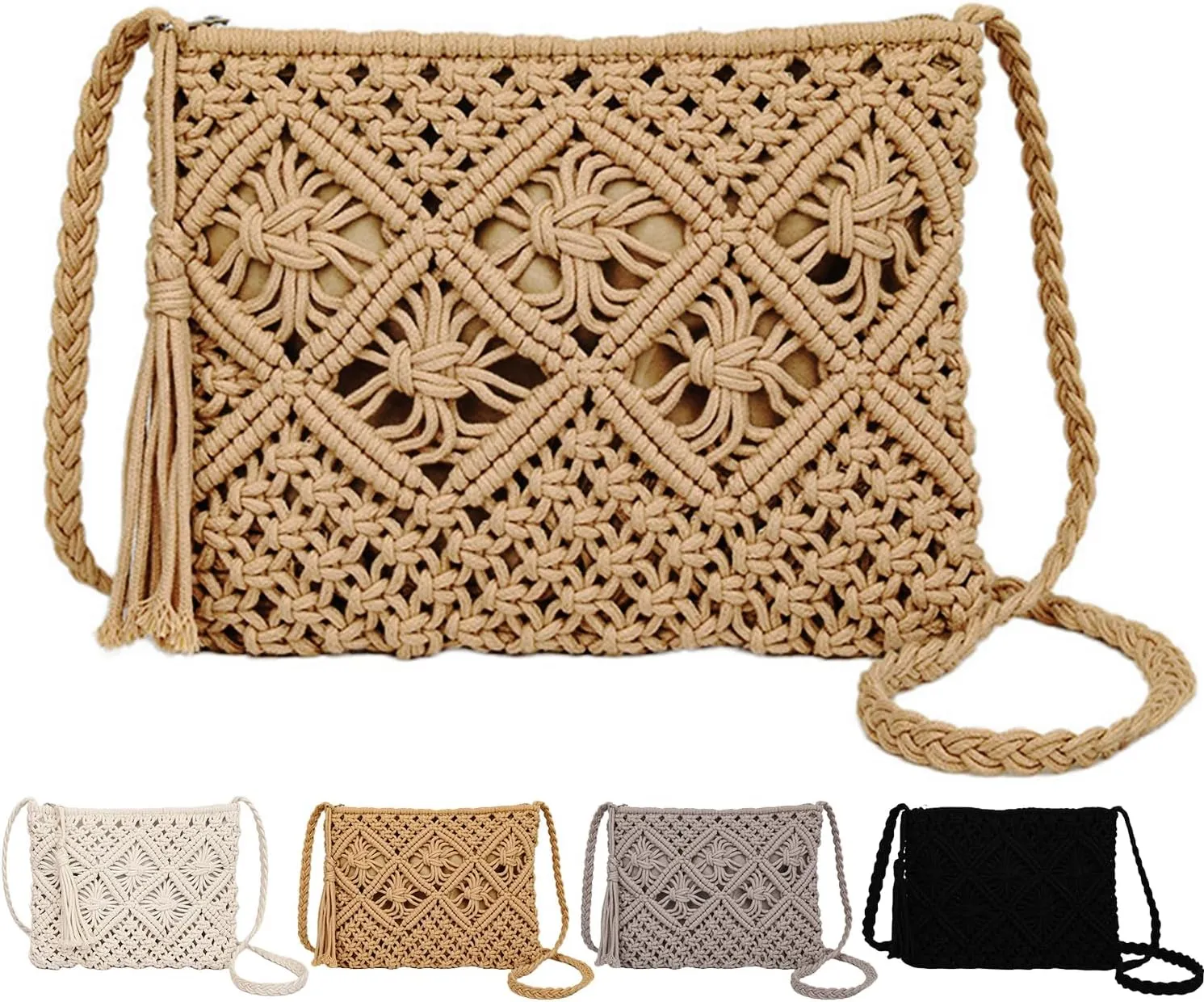 Peicees Crossbody Bag Purse For Women Bohemian Shoulder Bag Woven Crochet Purse For Summer Beach Travel Clutch Handbag