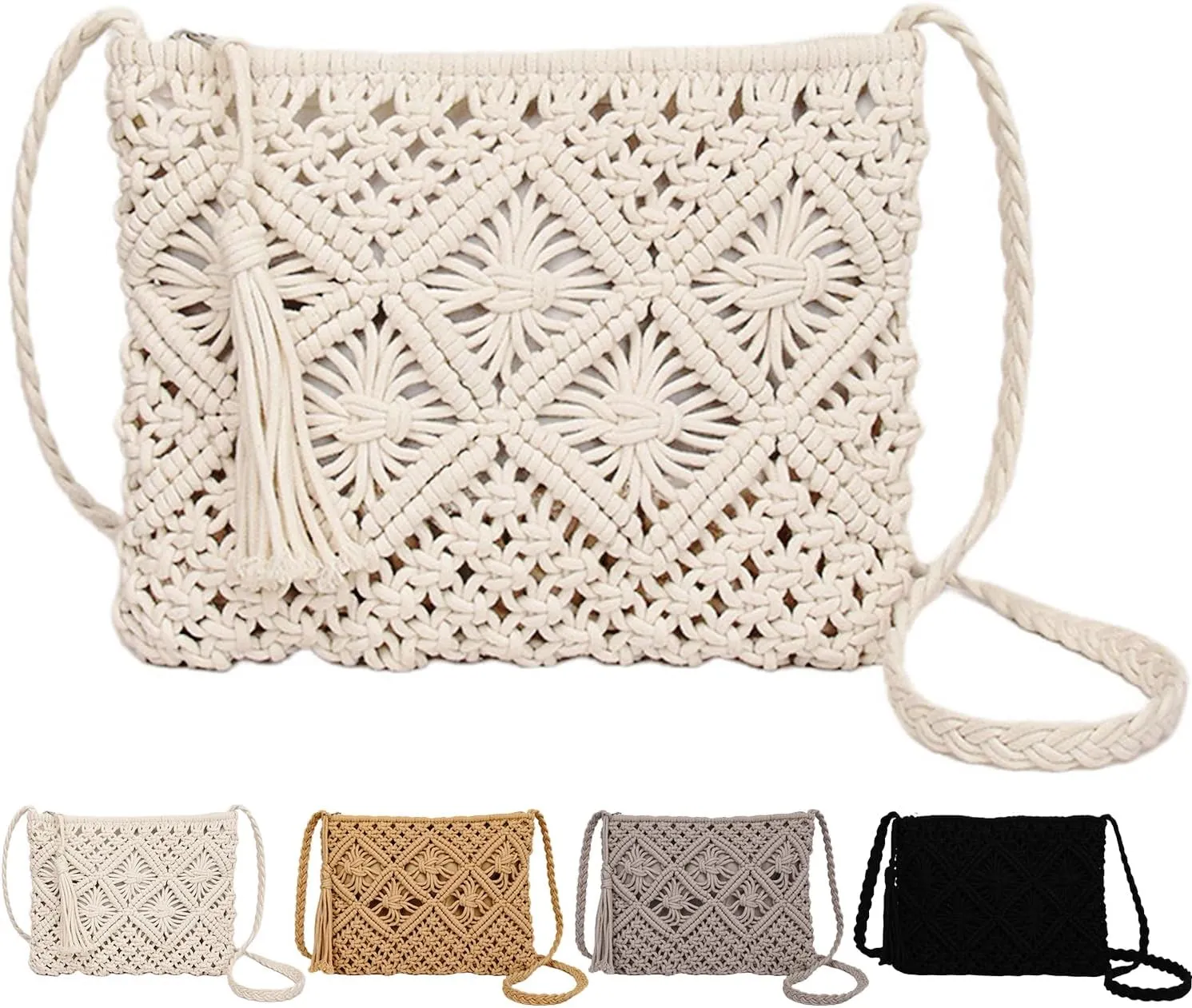 Peicees Crossbody Bag Purse For Women Bohemian Shoulder Bag Woven Crochet Purse For Summer Beach Travel Clutch Handbag
