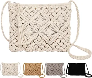 Peicees Crossbody Bag Purse For Women Bohemian Shoulder Bag Woven Crochet Purse For Summer Beach Travel Clutch Handbag