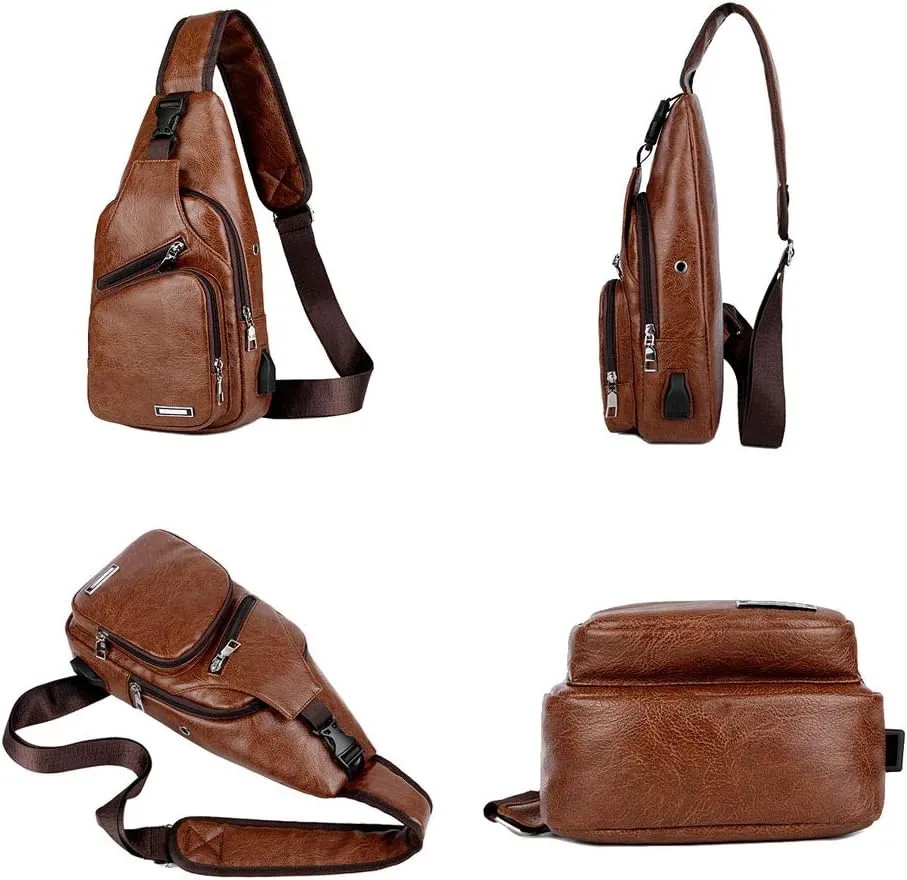 Peicees Leather Sling Bag Mens Crossbody Bag Chest Bag Sling Backpack for Men with USB Charge Port