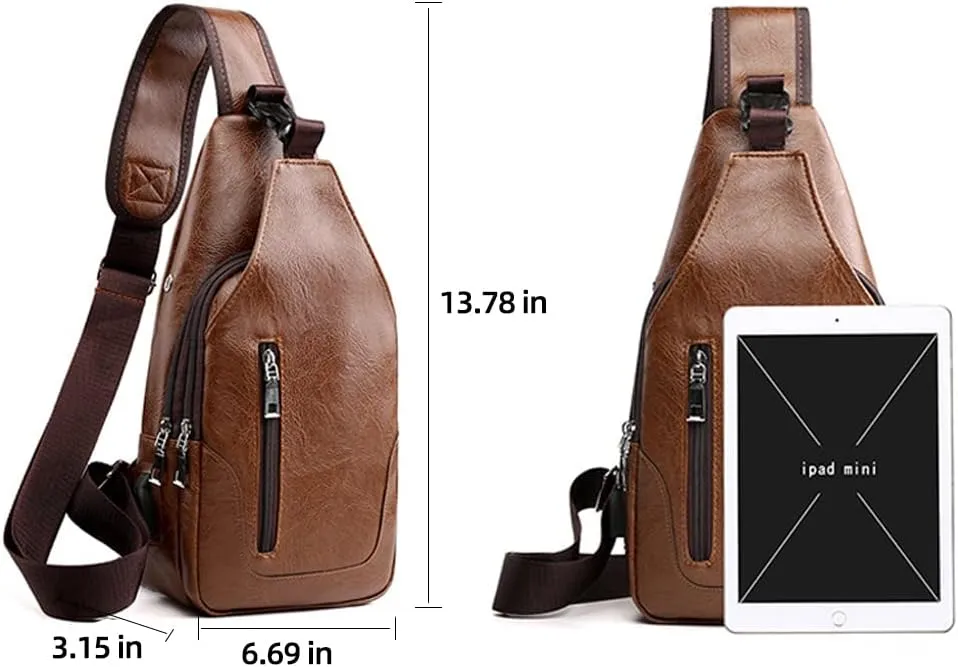 Peicees Leather Sling Bag Mens Crossbody Bag Chest Bag Sling Backpack for Men with USB Charge Port