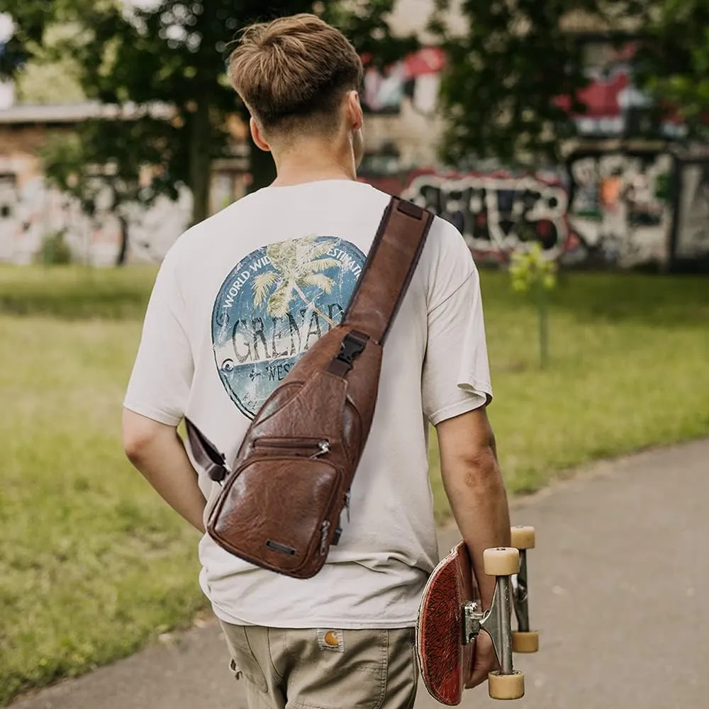 Peicees Leather Sling Bag Mens Crossbody Bag Chest Bag Sling Backpack for Men with USB Charge Port