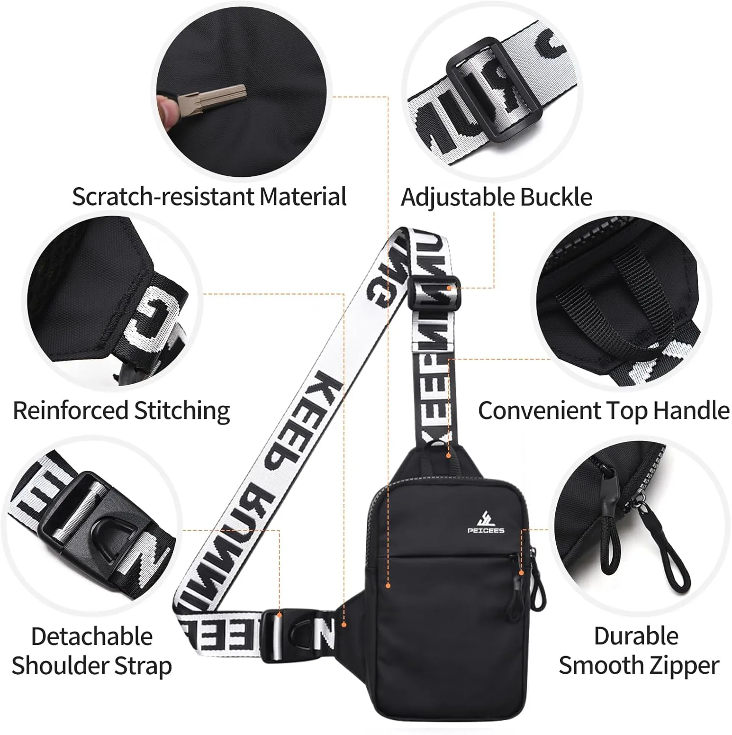 Peicees Mini Crossbody Sling Bag Chest Bag Dual Pocket Water Resistant Fanny Pack Running Phone Holder for Men Women Workout Travel, White