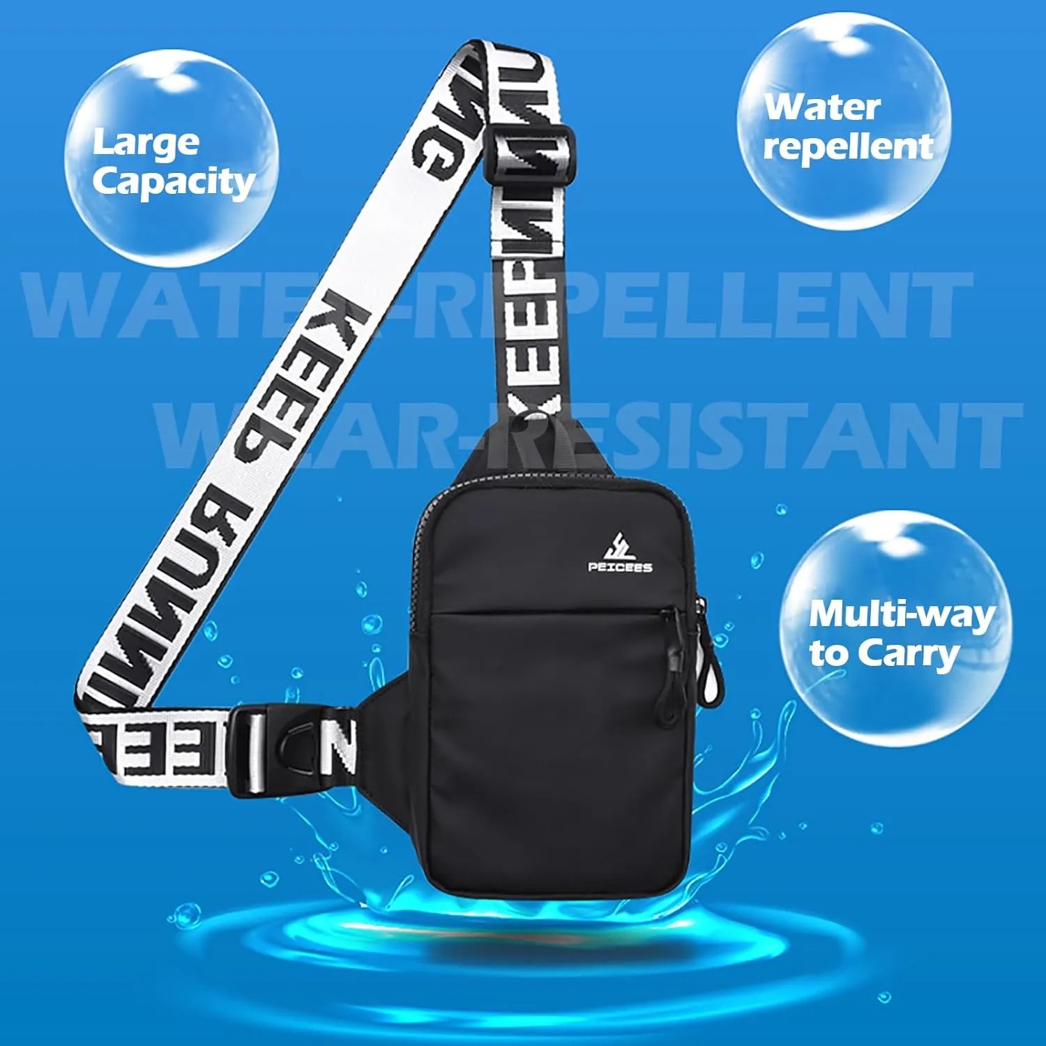 Peicees Mini Crossbody Sling Bag Chest Bag Dual Pocket Water Resistant Fanny Pack Running Phone Holder for Men Women Workout Travel, White