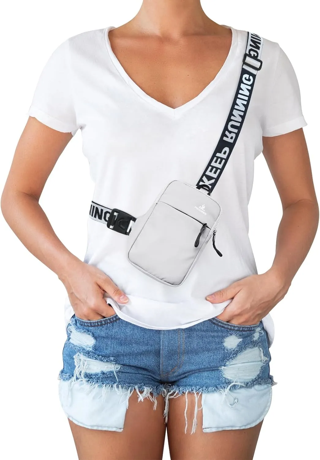 Peicees Mini Crossbody Sling Bag Chest Bag Dual Pocket Water Resistant Fanny Pack Running Phone Holder for Men Women Workout Travel, White