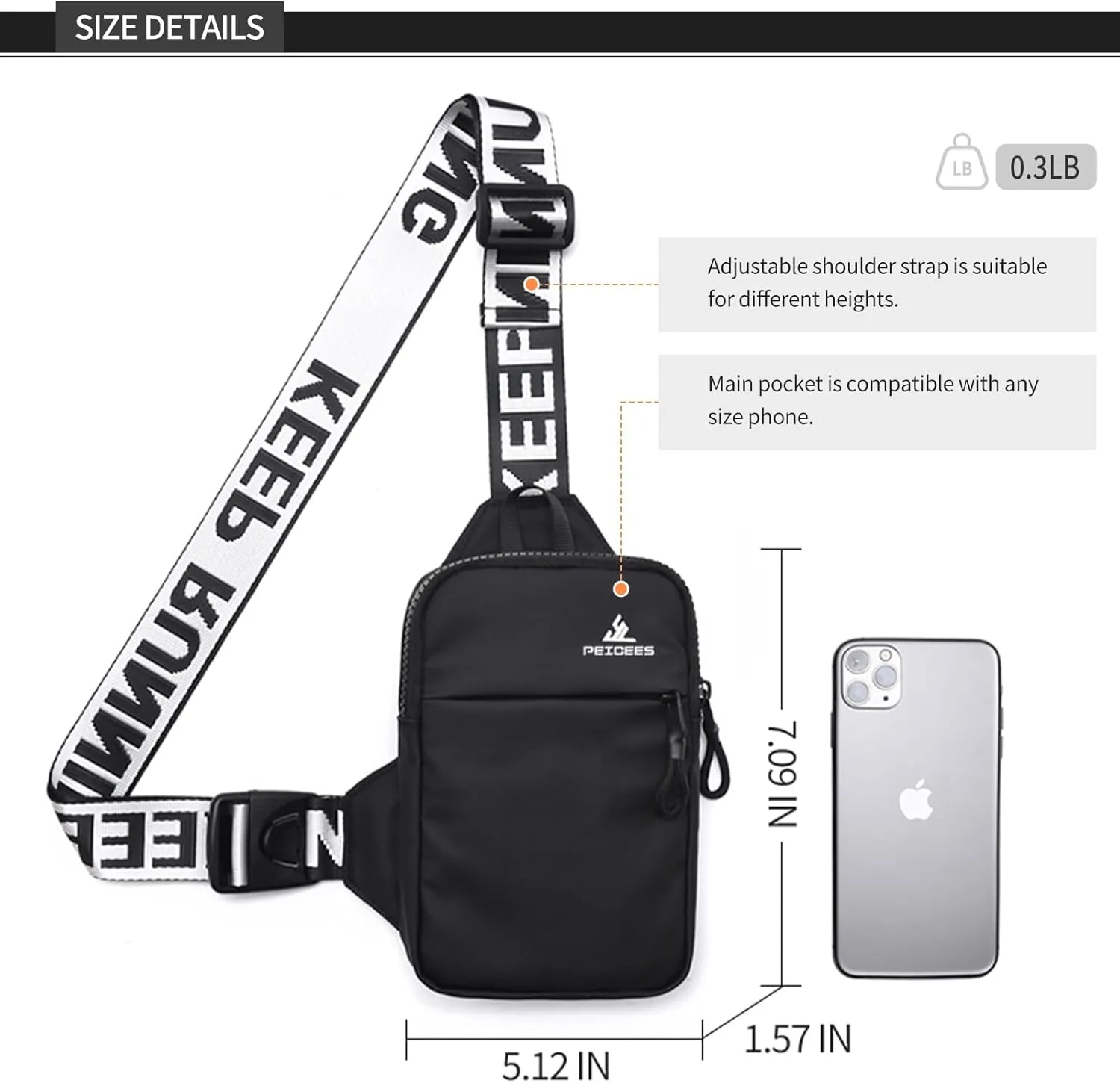 Peicees Mini Crossbody Sling Bag Chest Bag Dual Pocket Water Resistant Fanny Pack Running Phone Holder for Men Women Workout Travel, White