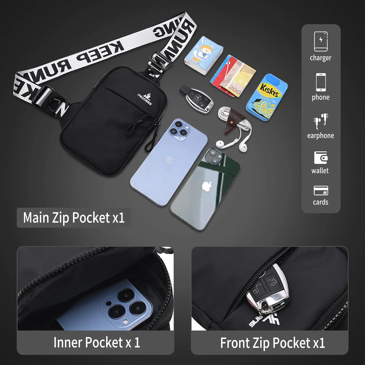 Peicees Mini Crossbody Sling Bag Chest Bag Dual Pocket Water Resistant Fanny Pack Running Phone Holder for Men Women Workout Travel, White