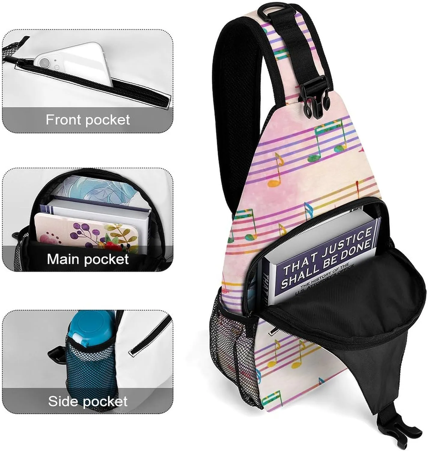 Pentagrams Musical Notes Print Sling Bag Crossbody Backpack for Men Women Chest Bag For Travel Hiking Cycling Camping