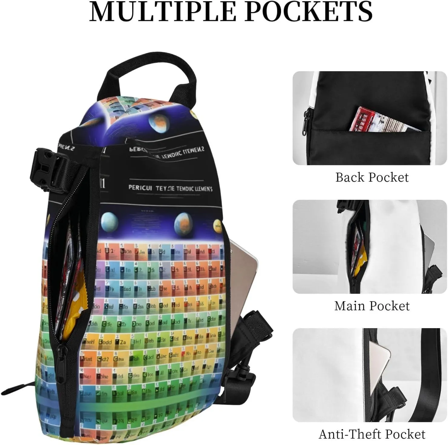 Periodic Table Of Elements Print Crossbody Backpack Casual Sling Bag Travel Lightweight, Adjustable Cross Bag