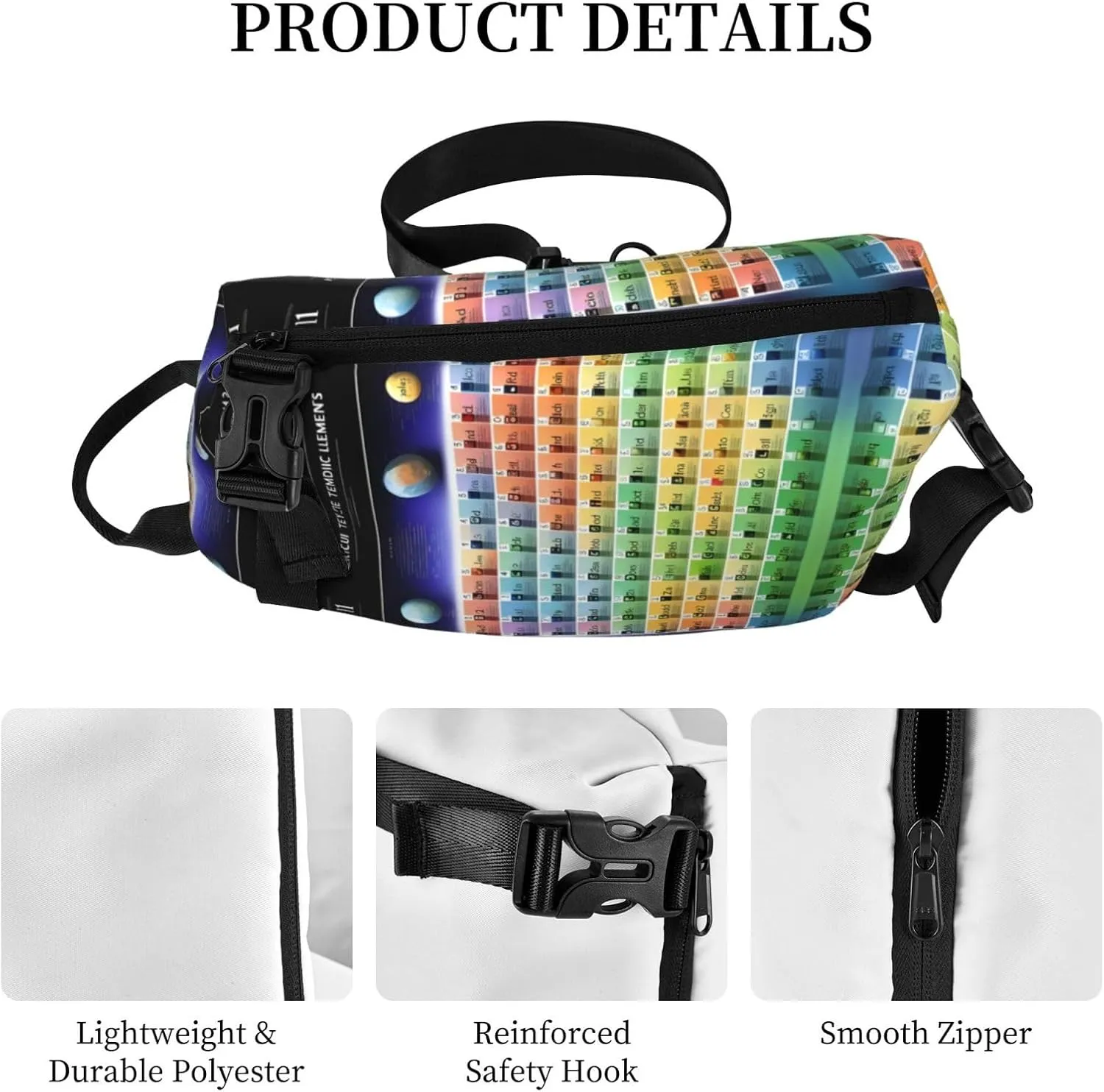 Periodic Table Of Elements Print Crossbody Backpack Casual Sling Bag Travel Lightweight, Adjustable Cross Bag