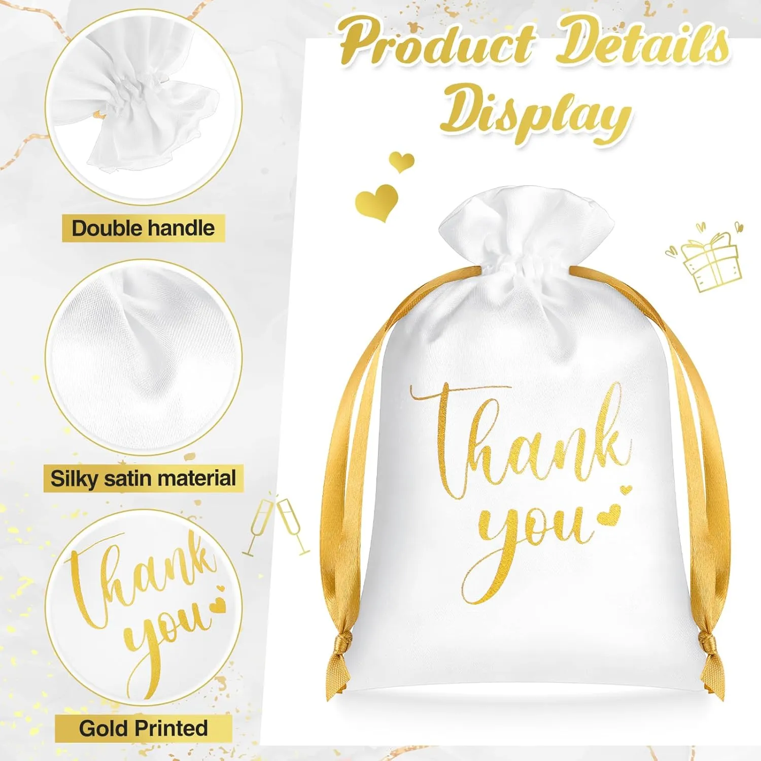 PerKoop 30 Pcs Thank You Satin Gift Bags 5 x 7 Inches Wedding Drawstring Jewelry Pouches Small Candy Bags for Guest Wedding Birthday Baby Shower Business Party Favors(White)
