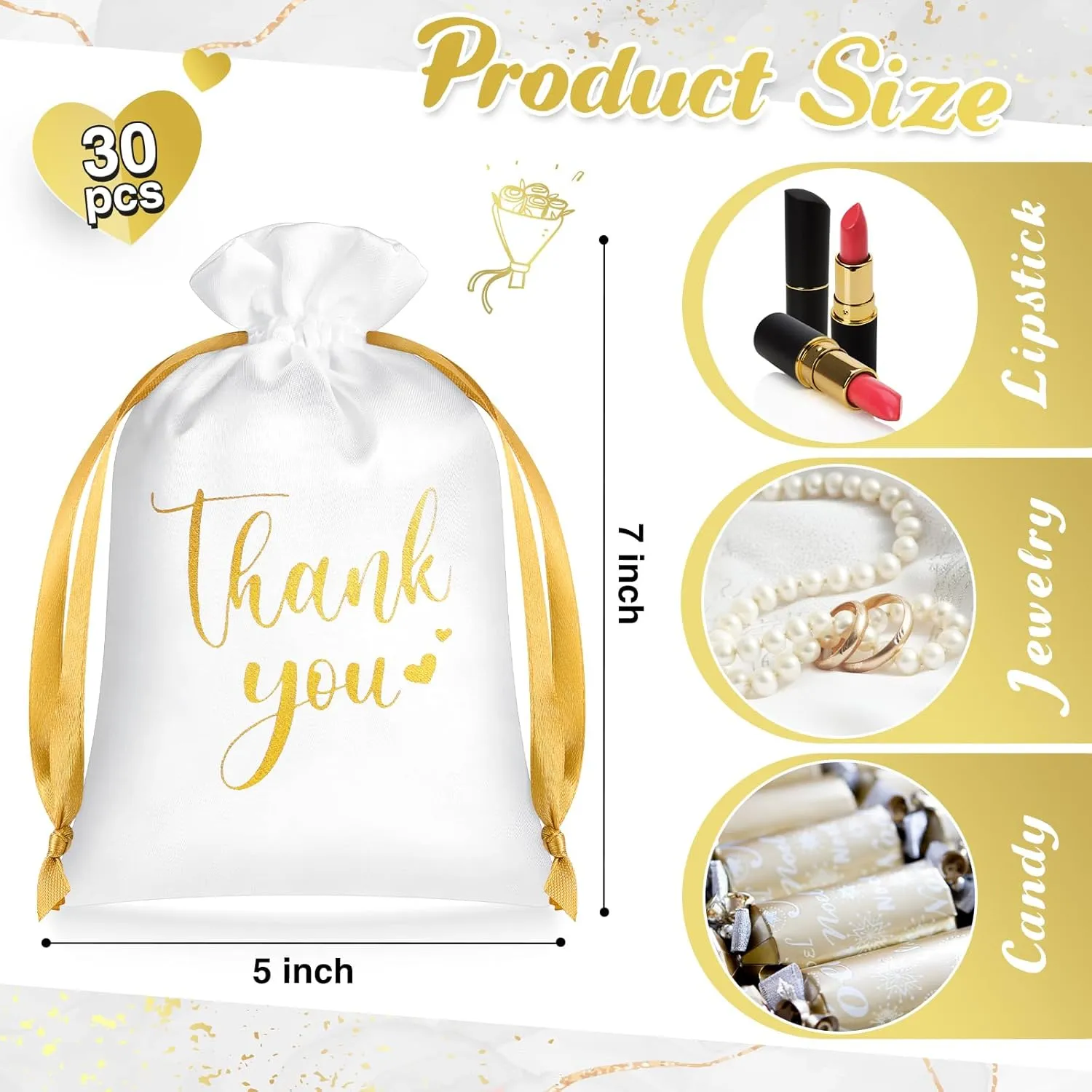 PerKoop 30 Pcs Thank You Satin Gift Bags 5 x 7 Inches Wedding Drawstring Jewelry Pouches Small Candy Bags for Guest Wedding Birthday Baby Shower Business Party Favors(White)