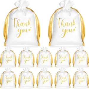 PerKoop 30 Pcs Thank You Satin Gift Bags 5 x 7 Inches Wedding Drawstring Jewelry Pouches Small Candy Bags for Guest Wedding Birthday Baby Shower Business Party Favors(White)