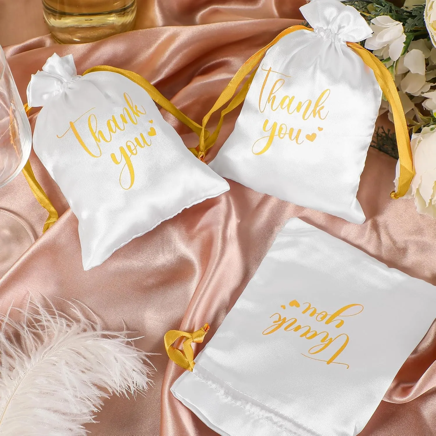 PerKoop 30 Pcs Thank You Satin Gift Bags 5 x 7 Inches Wedding Drawstring Jewelry Pouches Small Candy Bags for Guest Wedding Birthday Baby Shower Business Party Favors(White)