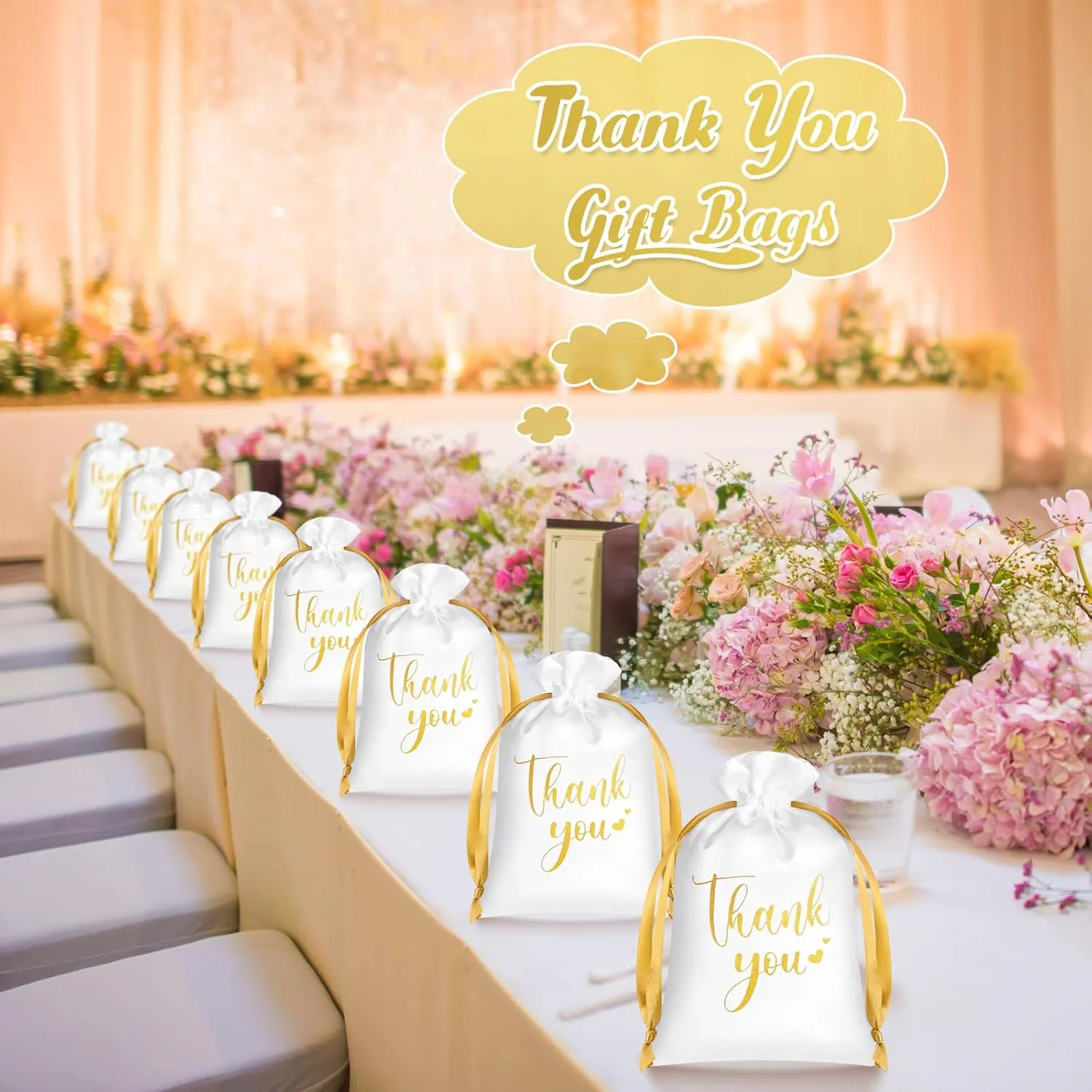 PerKoop 30 Pcs Thank You Satin Gift Bags 5 x 7 Inches Wedding Drawstring Jewelry Pouches Small Candy Bags for Guest Wedding Birthday Baby Shower Business Party Favors(White)