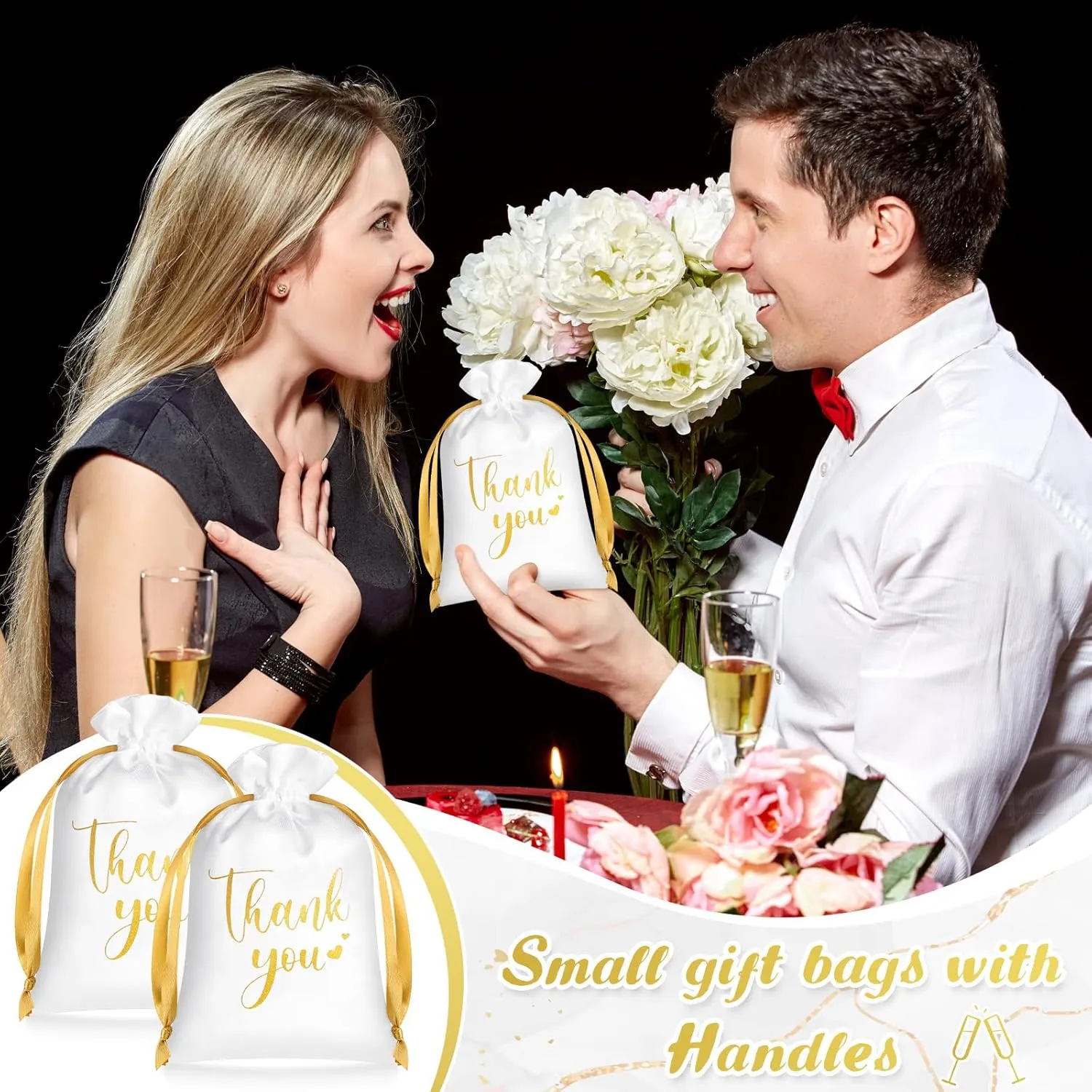 PerKoop 30 Pcs Thank You Satin Gift Bags 5 x 7 Inches Wedding Drawstring Jewelry Pouches Small Candy Bags for Guest Wedding Birthday Baby Shower Business Party Favors(White)