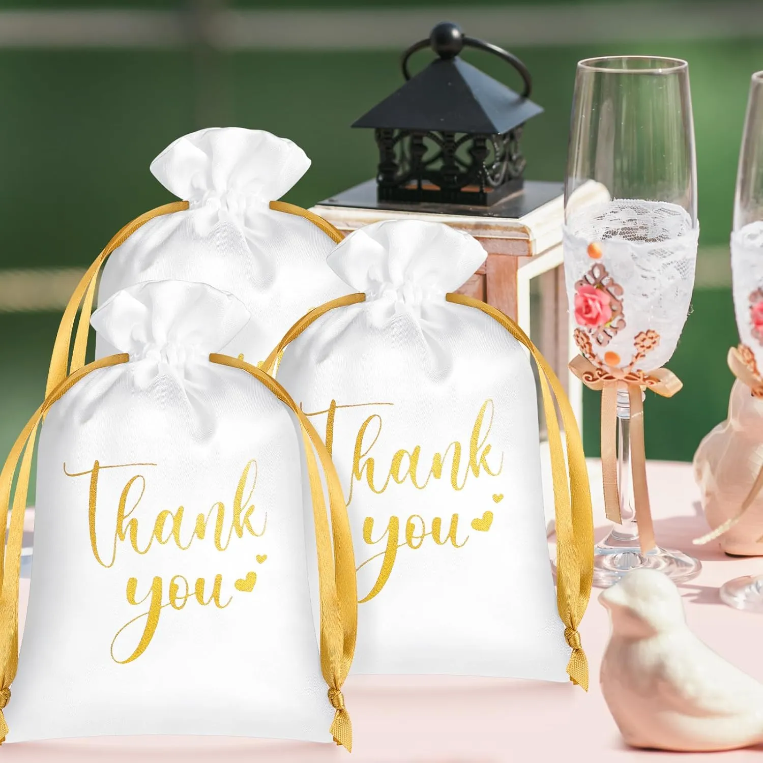 PerKoop 30 Pcs Thank You Satin Gift Bags 5 x 7 Inches Wedding Drawstring Jewelry Pouches Small Candy Bags for Guest Wedding Birthday Baby Shower Business Party Favors(White)