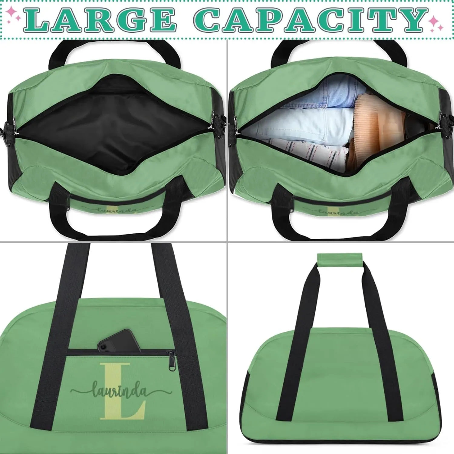 Personalize-Kids-Green-Duffel-Bags With Custom Initial Name Dance-Sports-Bags Lightweight Carry-On Overnight Travel Gym for Girls Boys