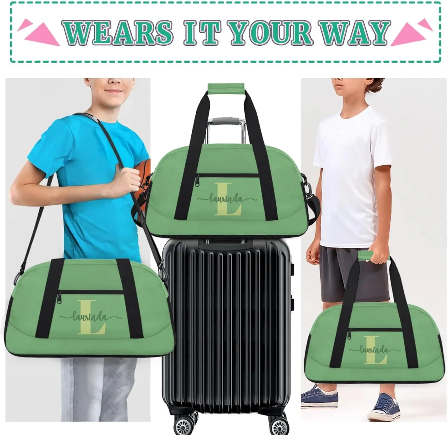 Personalize-Kids-Green-Duffel-Bags With Custom Initial Name Dance-Sports-Bags Lightweight Carry-On Overnight Travel Gym for Girls Boys
