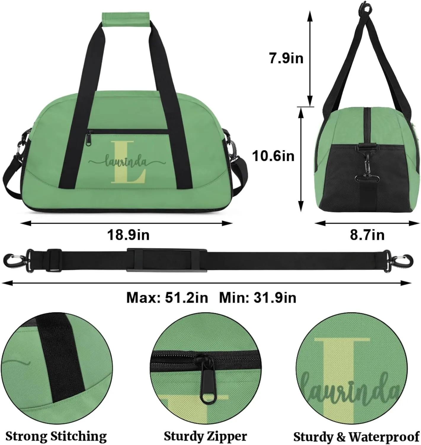 Personalize-Kids-Green-Duffel-Bags With Custom Initial Name Dance-Sports-Bags Lightweight Carry-On Overnight Travel Gym for Girls Boys
