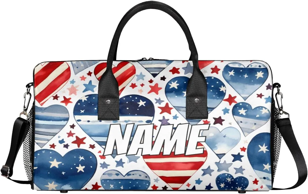 Personalized 4th of July USA Flag Travel Duffel Bag with Name, Custom Gym Sport Bag Heart Star Carry On Weekend Overnight Duffel Bag for Men Women